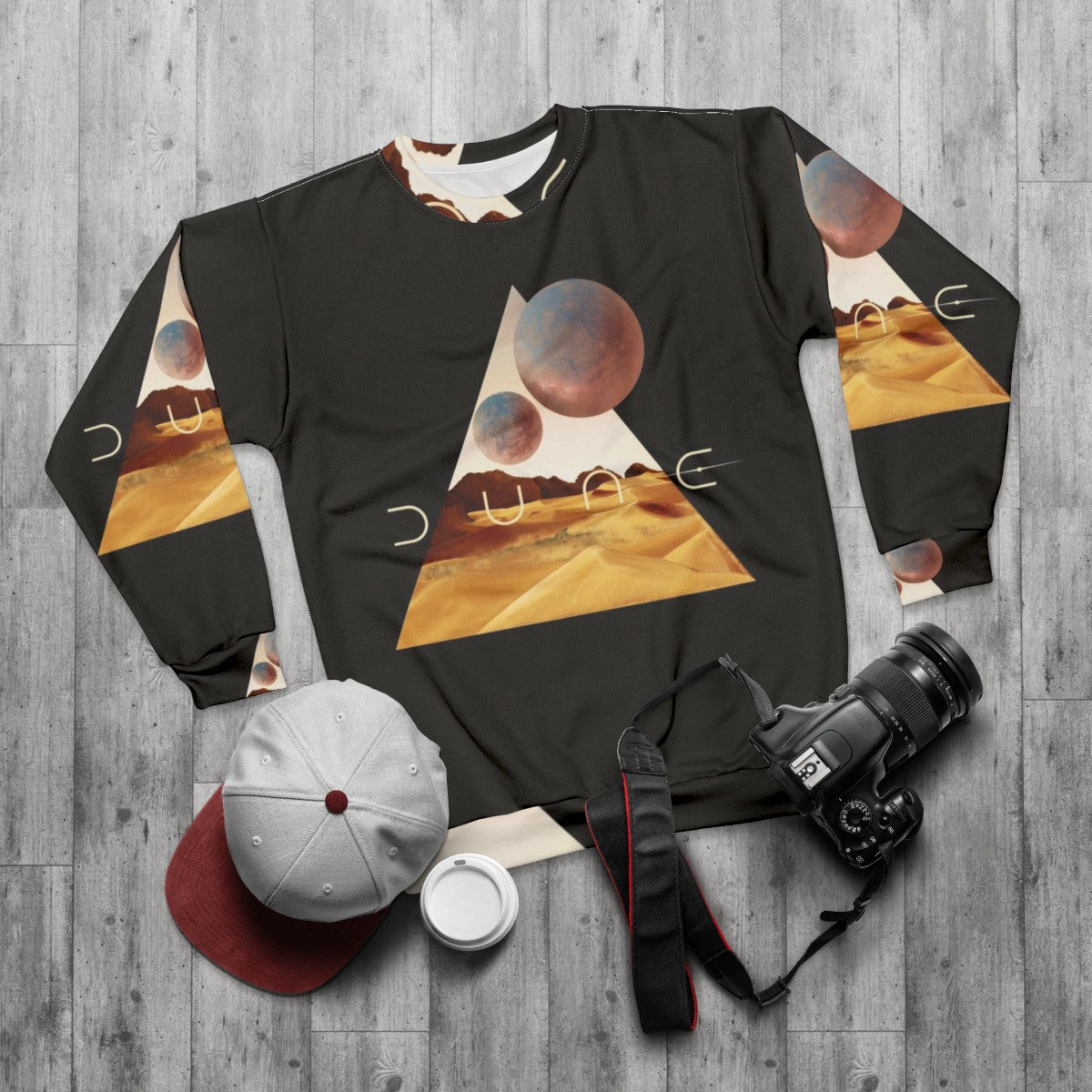 Dune Arrakis Surfer Sweatshirt with Sandworm and Desert Landscape - flat lay