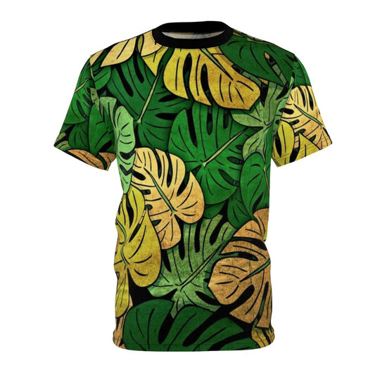 Grunge-style monstera leaves pattern printed on a t-shirt