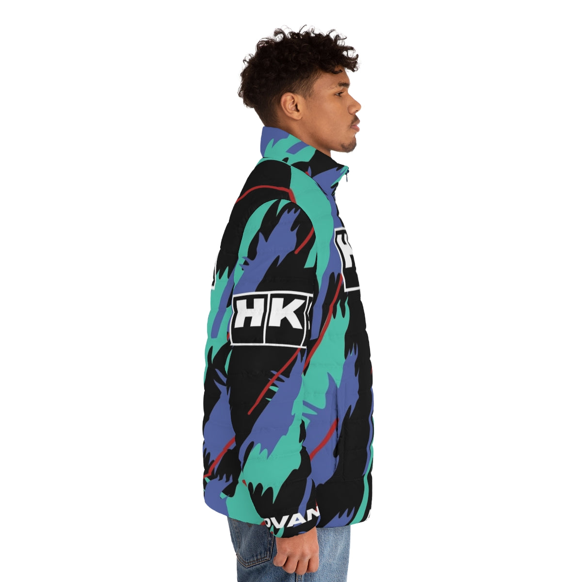 HKS Super Oil Retro Livery Puffer Jacket showcasing motorsports heritage - men side right