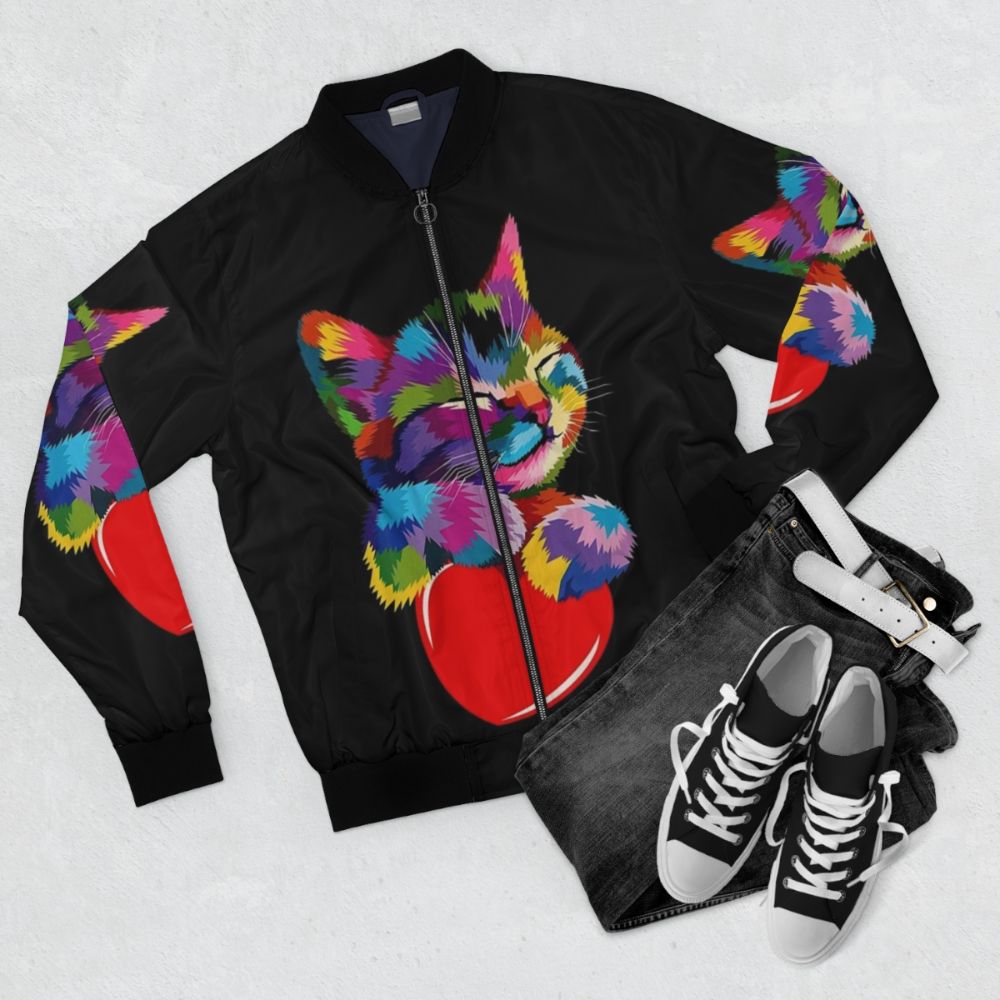 A vibrant and stylish bomber jacket featuring a colorful cat hugging a heart design. - Flat lay