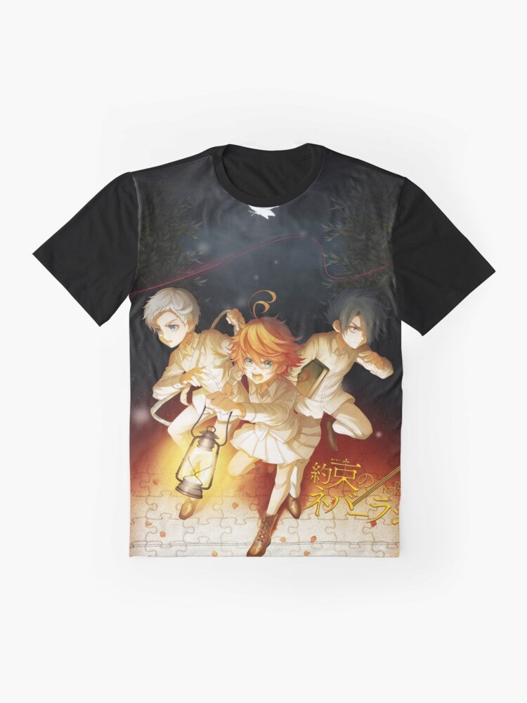 The Promised Neverland [Yakusoku no Nebārando] graphic t-shirt featuring characters Emma, Norman, and Ray - Flat lay