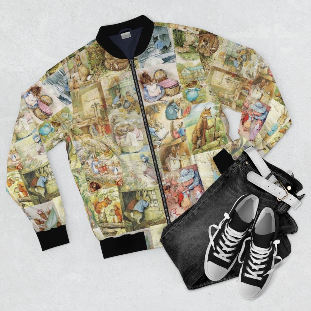 Beatrix Potter inspired collage bomber jacket featuring characters like Peter Rabbit, Cottontail, Flopsy, and Jemima Puddle Duck - Flat lay