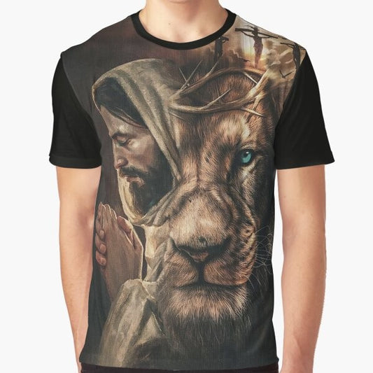 Pray and the Lion of Judah graphic design Christian t-shirt