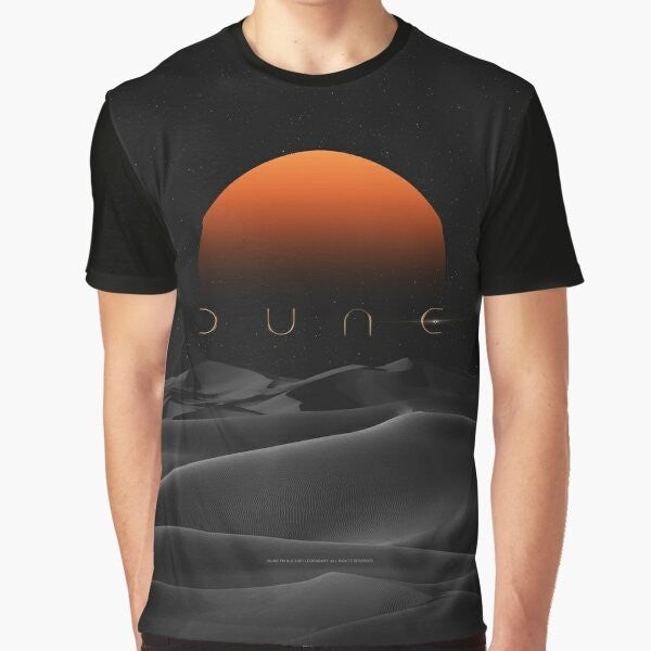 Dune movie fan art t-shirt featuring a stunning sunset graphic in orange and black