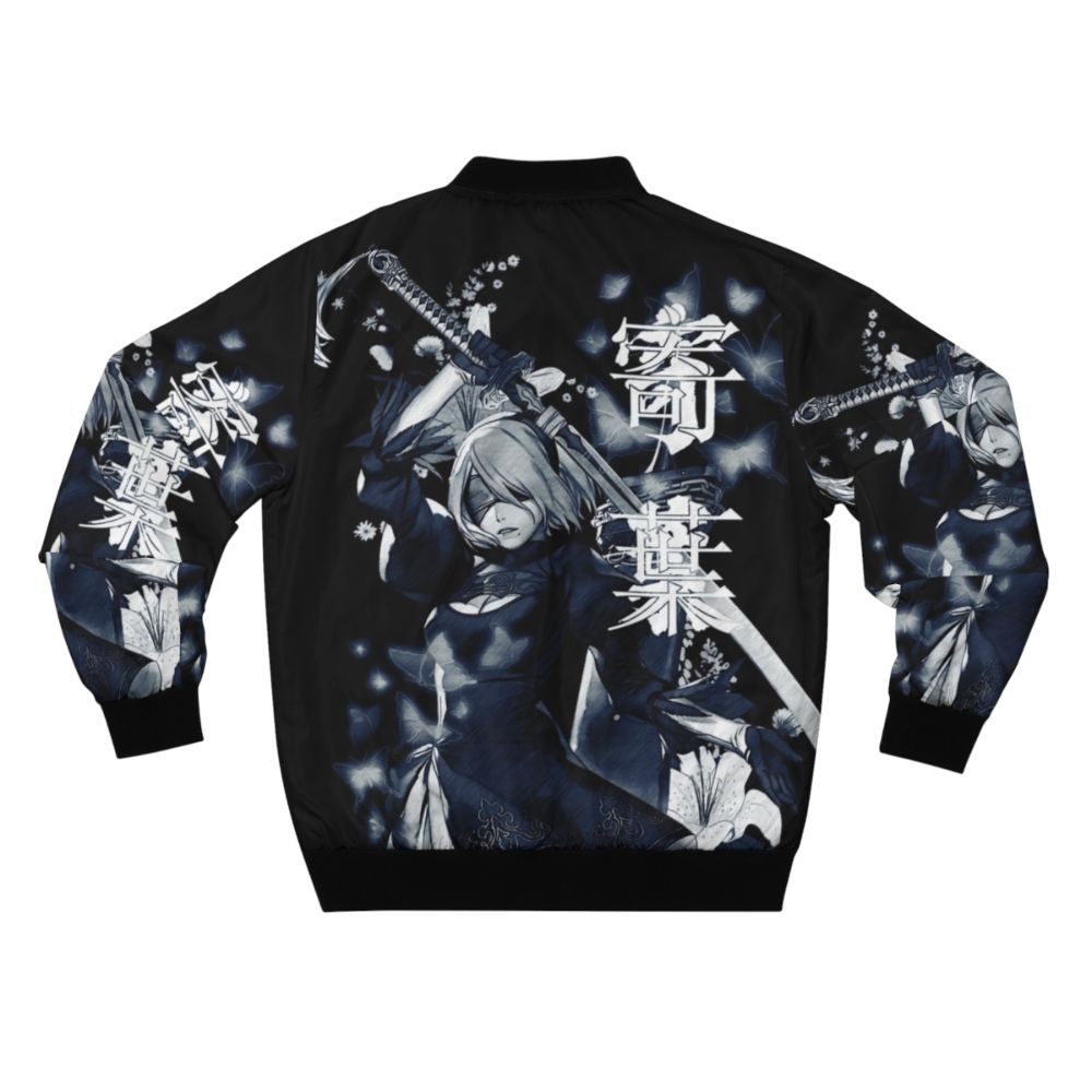 A blue bomber jacket with a floral and anime-inspired design, featuring flowers, butterflies, and Nier Automata characters. - Back