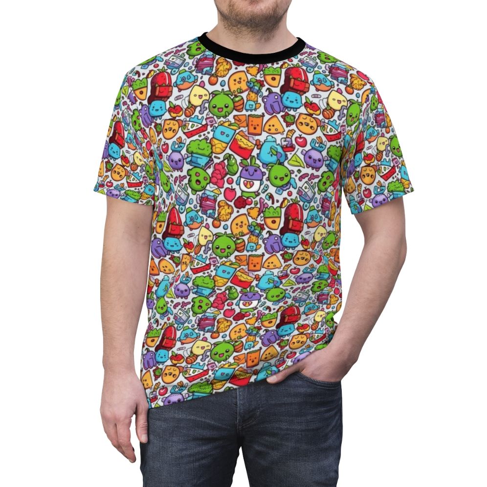 A colorful and trendy graphic t-shirt featuring a vibrant, hobby-inspired design with playful animals, fruits, and abstract patterns. - men front