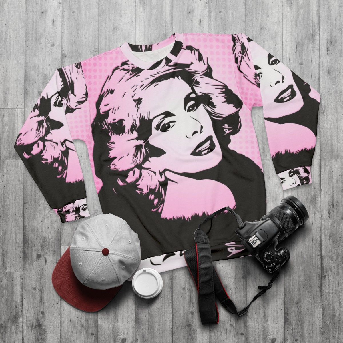 Joan Rivers Pop Art Sweatshirt featuring a vibrant portrait of the iconic comedian - flat lay