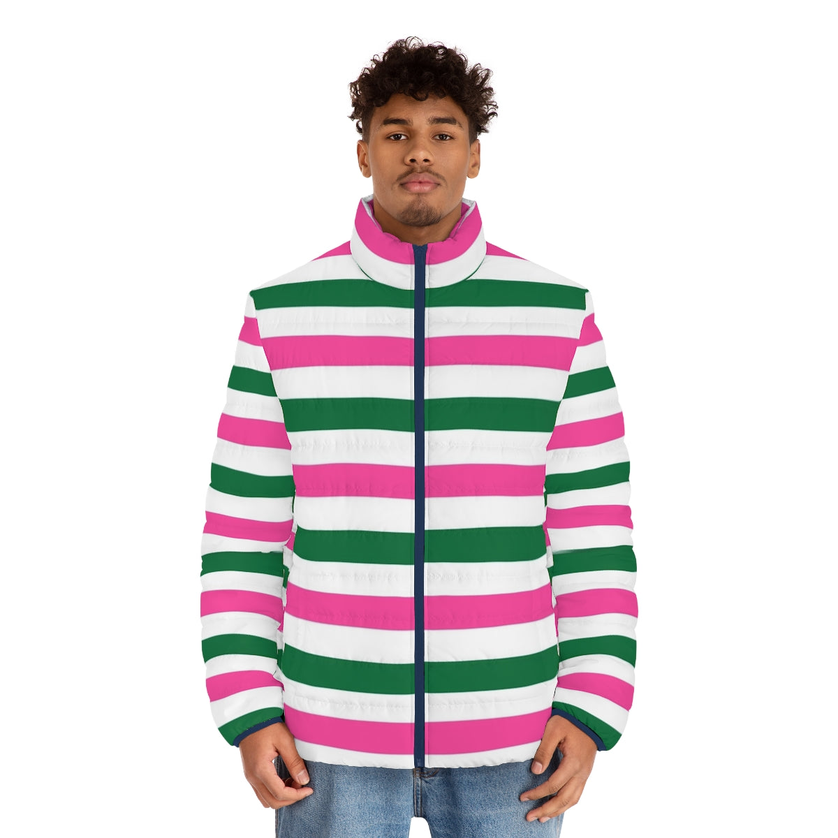 Deckchair-inspired striped puffer jacket in forest green and hot pink - men front