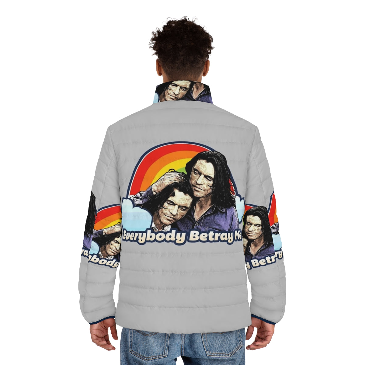 Everybody Betray Me puffer jacket inspired by the cult classic film The Room - men back