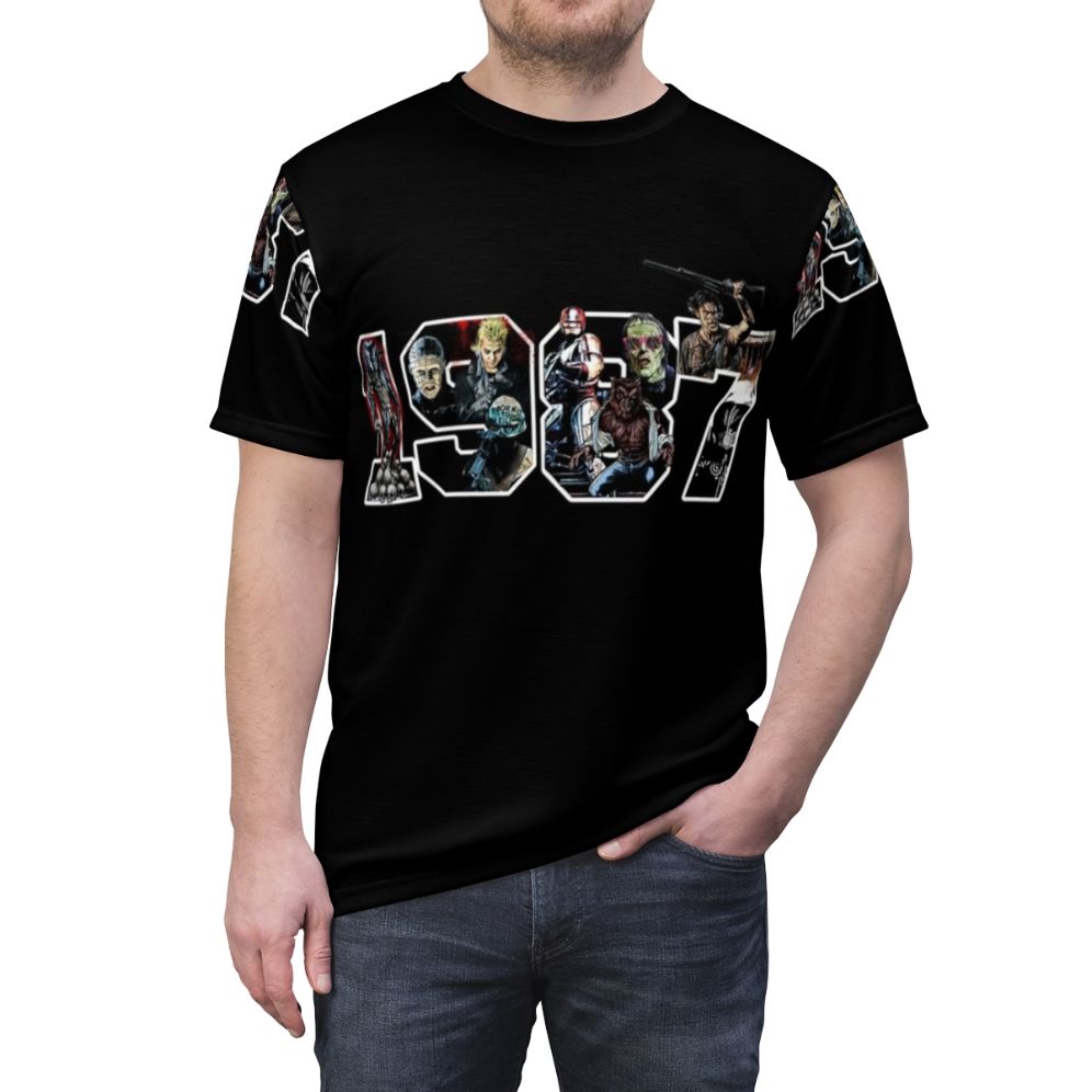 Retro 1980s movie-inspired t-shirt with iconic 1987 films and characters - men front