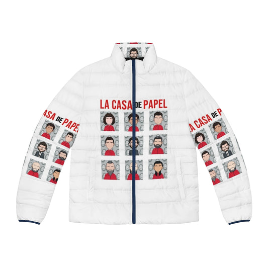 Money Heist Cast Puffer Jacket with characters Tokyo, Rio, and Professor