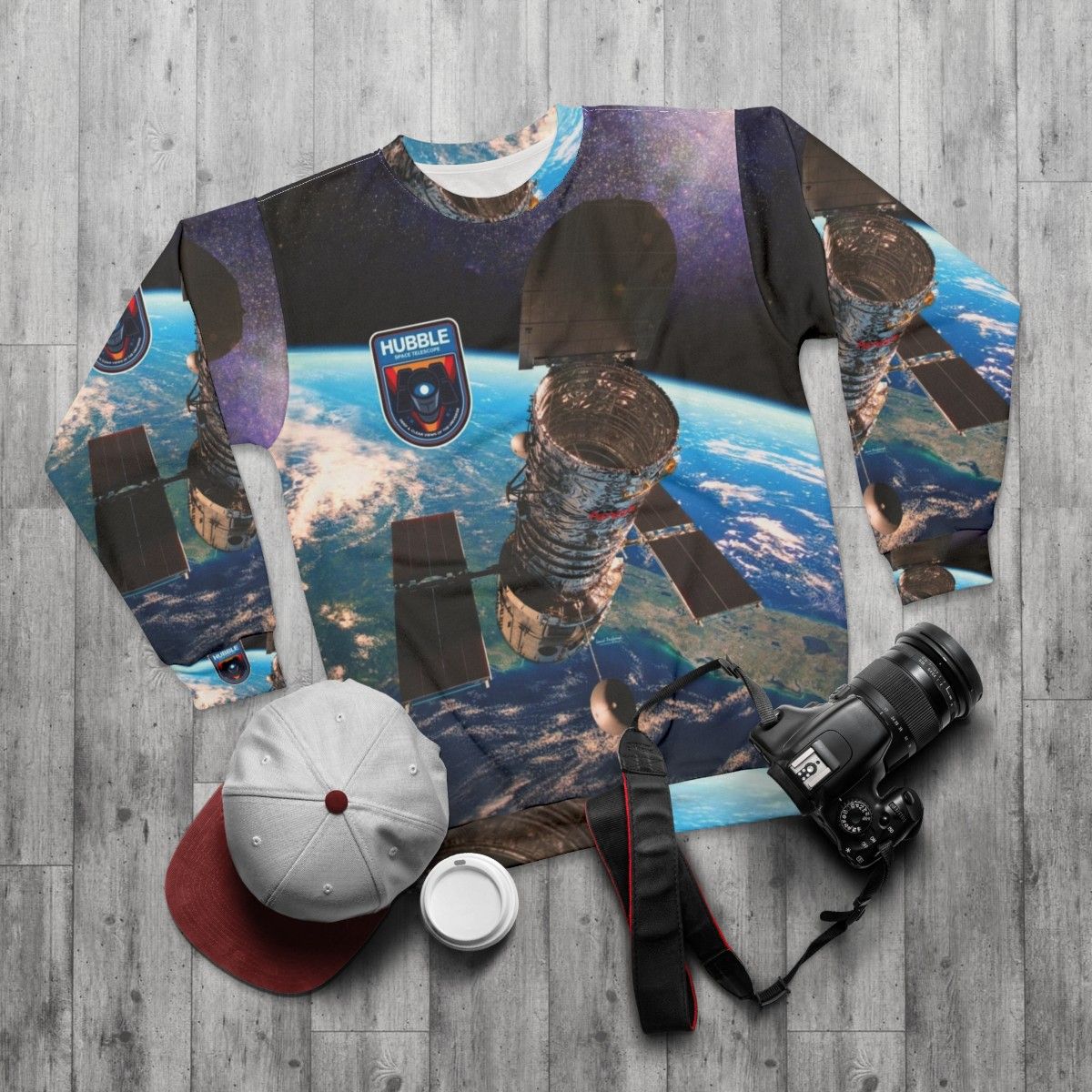 Hubble Space Telescope Sweatshirt with Galaxy Design - flat lay