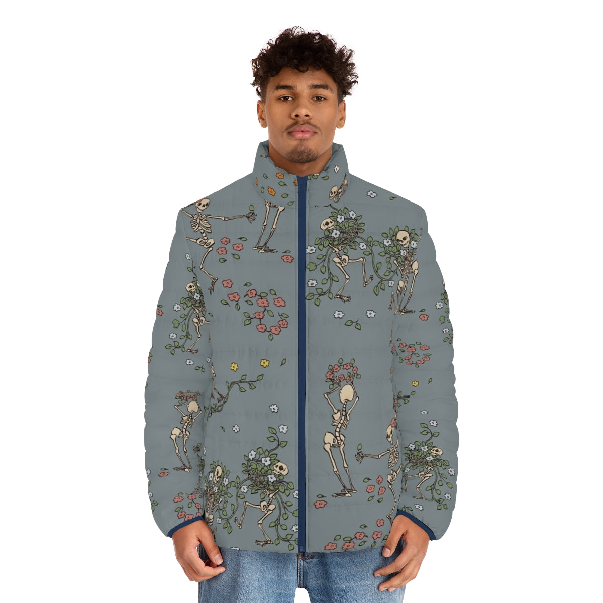 Skeleton puffer jacket with colorful floral garlands - men front