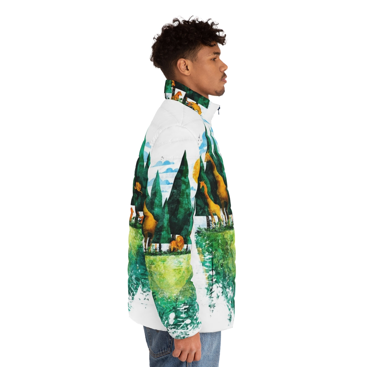 Geo Forest Puffer Jacket with nature and animal graphics - men side right