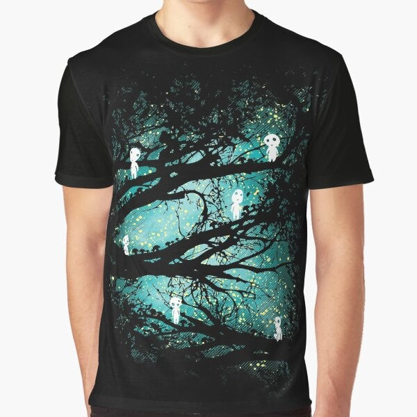 A vintage-inspired graphic t-shirt featuring tree spirits in a fantasy forest scene.