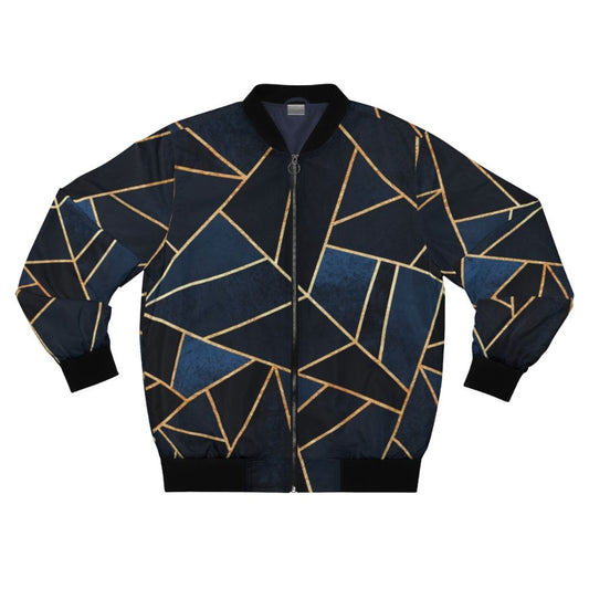 Navy blue bomber jacket with geometric, abstract patterns