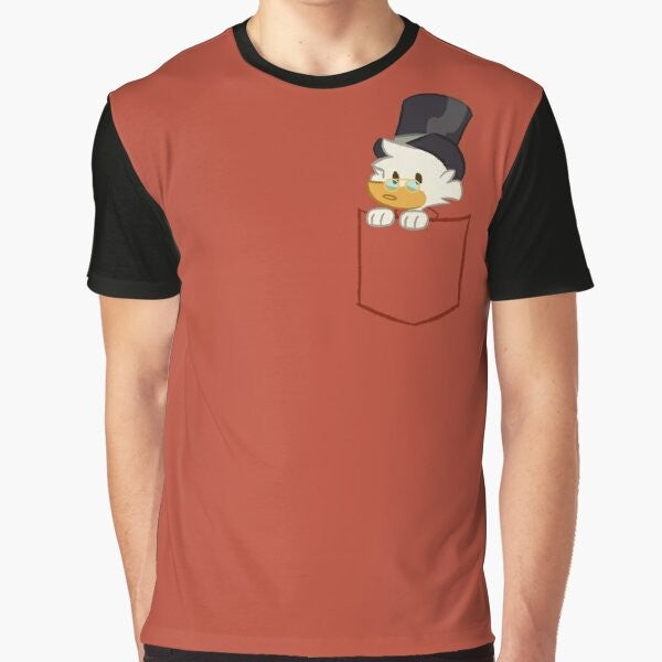 Scrooge McDuck from the Ducktales 2017 reboot, sitting in a pocket on a graphic t-shirt.