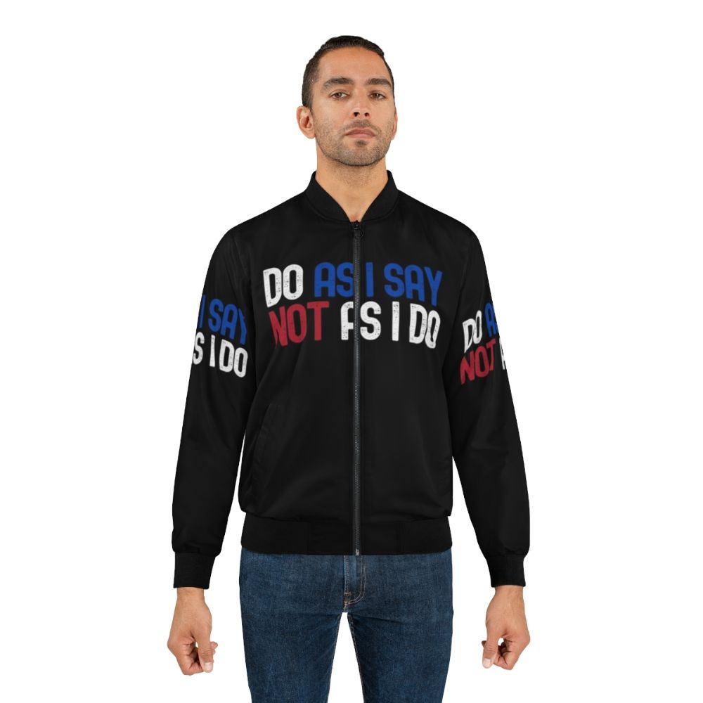 "Hypocritical Politics" bomber jacket with text and political imagery - Lifestyle