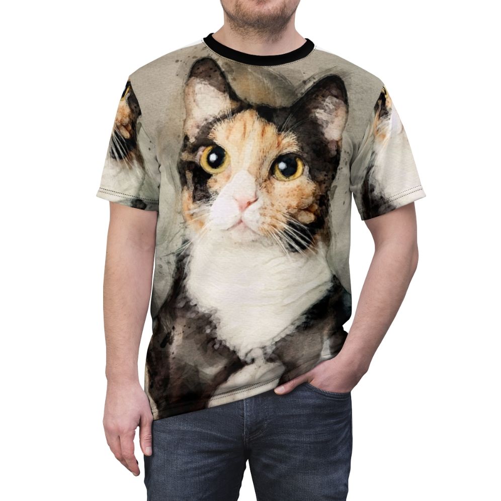 Watercolor painting of a calico cat on a t-shirt - men front