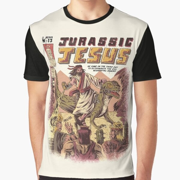 JURASSIC JESUS Funny Graphic T-Shirt featuring dinosaurs and Jesus