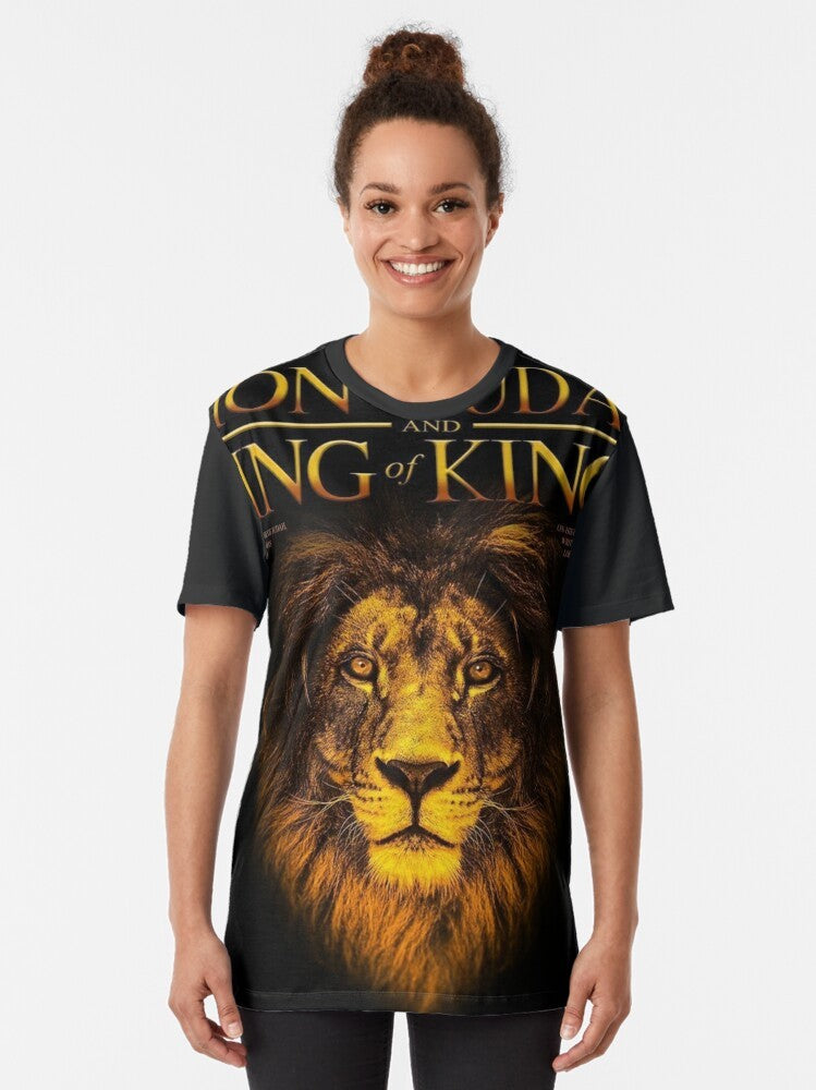 Judah Lion Graphic T-Shirt featuring a design with the Lion of Judah and Rastafarian symbols - Women