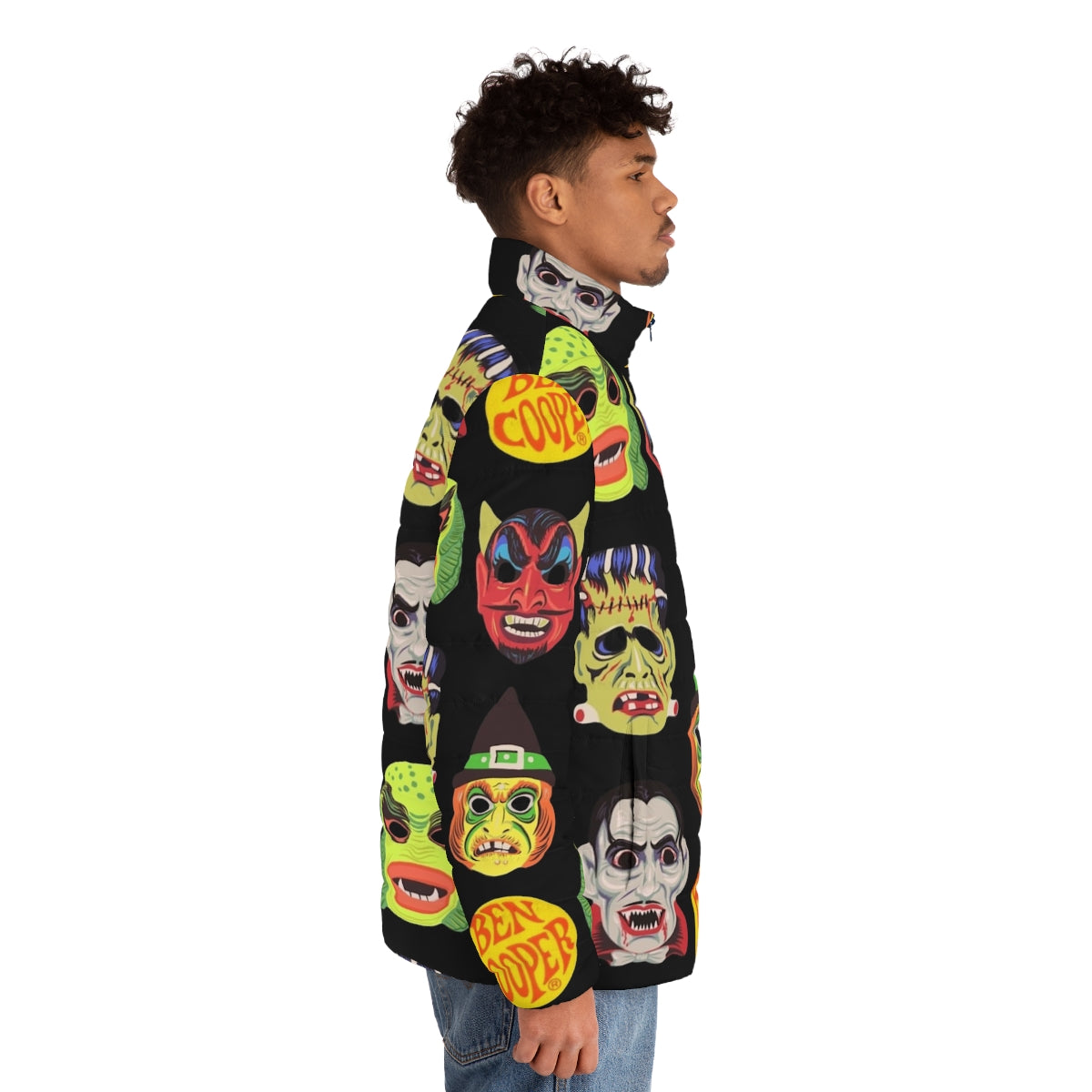 Vintage Halloween Masks Puffer Jacket featuring classic Universal Monsters - men side right