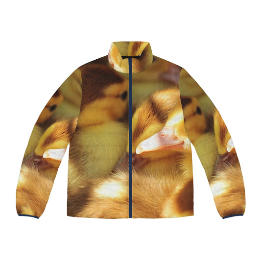 Adorable ducks and ducklings in a group or skein on a puffer jacket