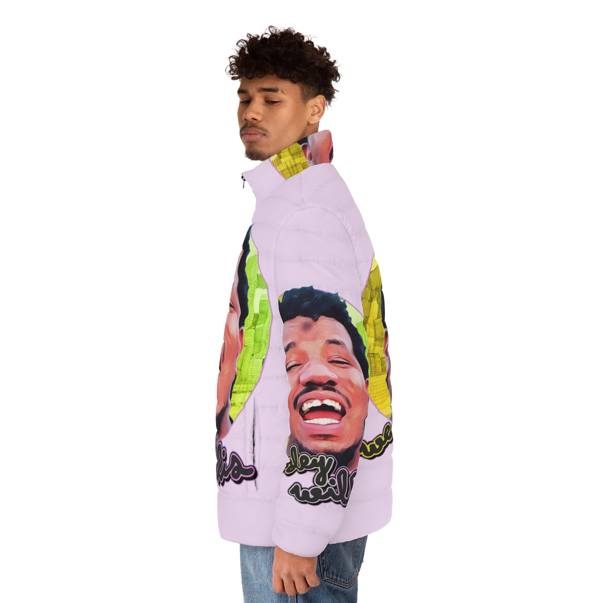 Retro puffer jacket featuring the artwork and music of Chicago artist Wesley Willis - men side left