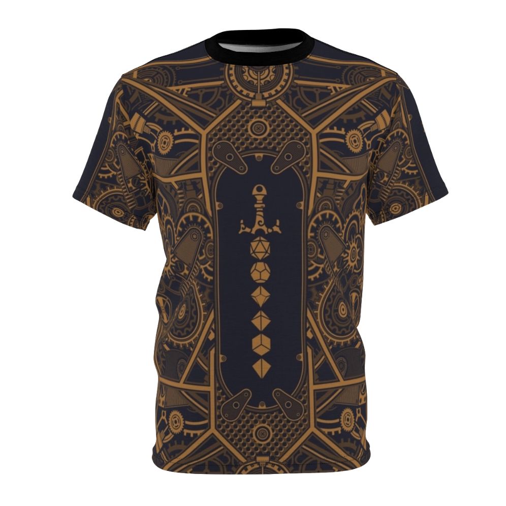 Steampunk-inspired t-shirt featuring polyhedral dice and a sword design