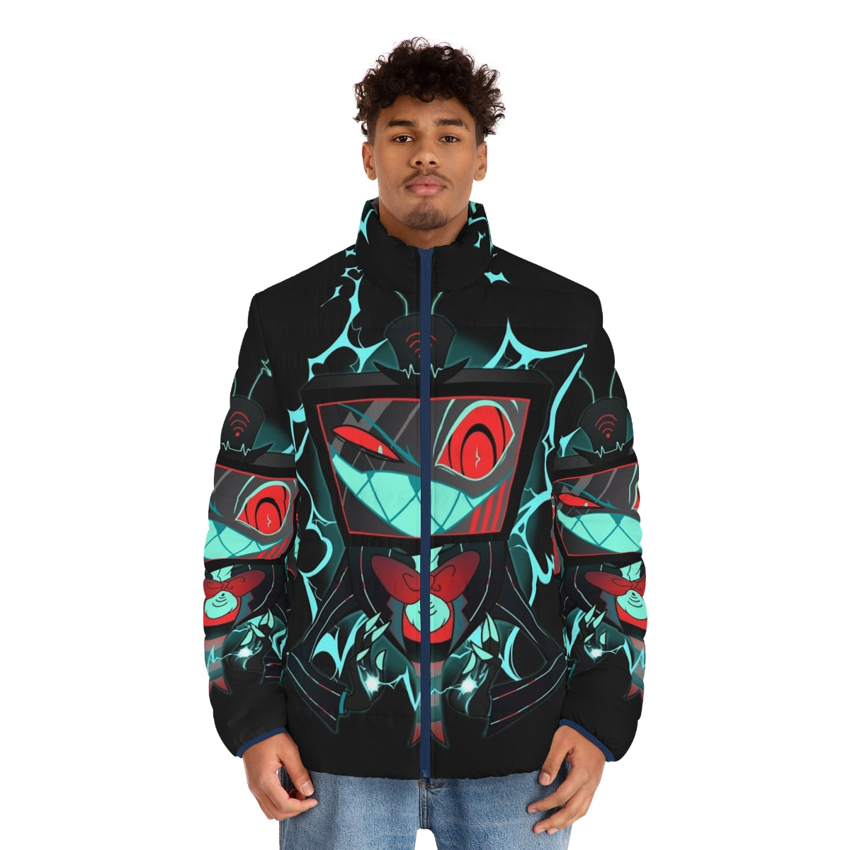 Vox Puffer Jacket - A striking blue electric puffer jacket inspired by the Hazbin Hotel villain - men front