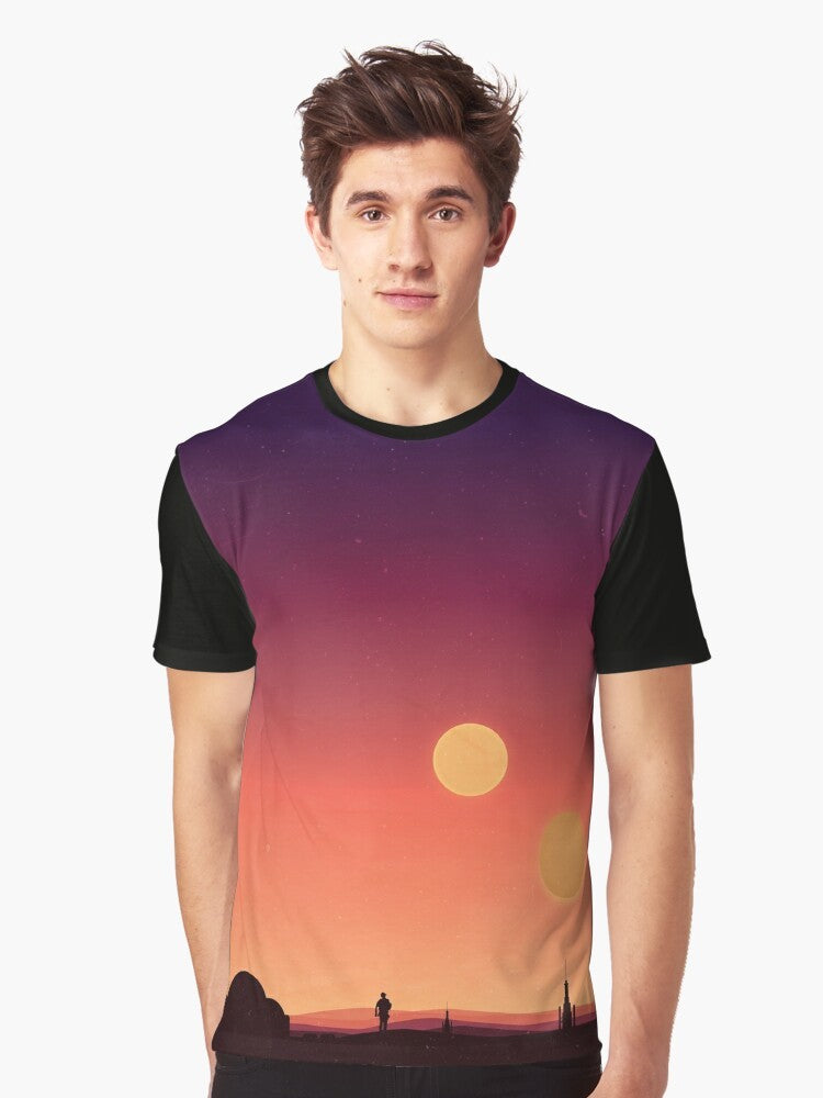 A graphic t-shirt design featuring the iconic planet Tatooine from the Star Wars universe, with its twin suns in the desert landscape. - Men