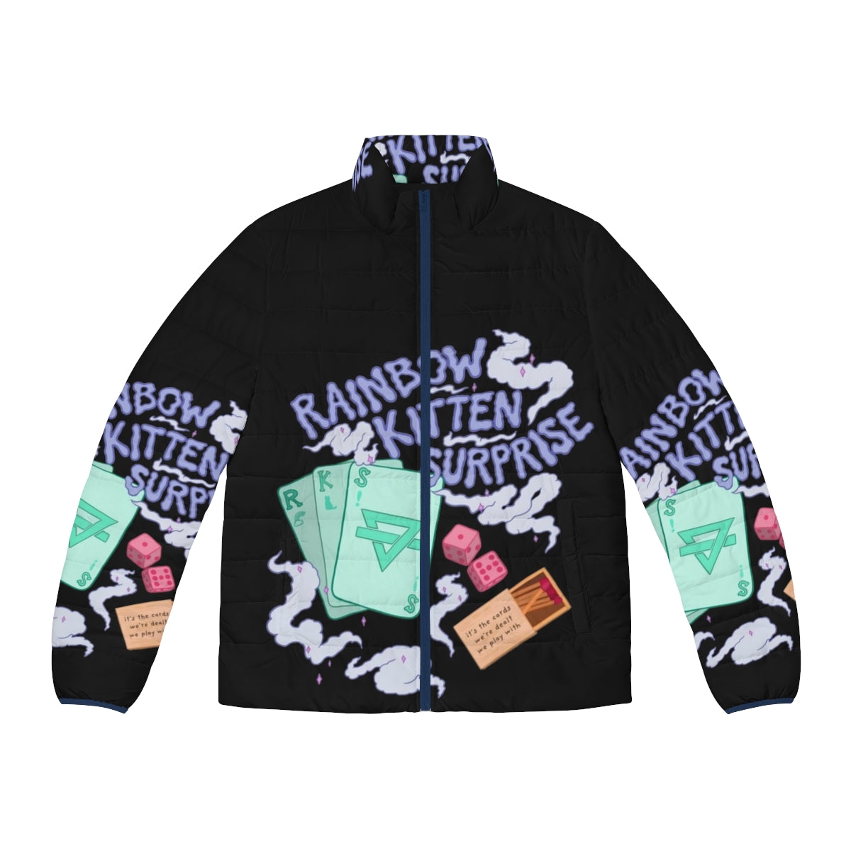 Colorful puffer jacket featuring the logo and artwork of indie band Rainbow Kitten Surprise