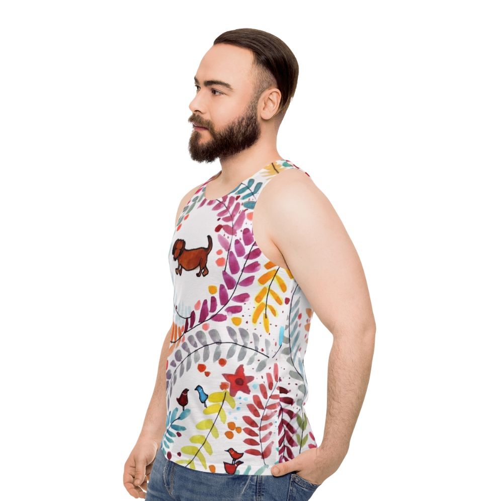 Dachshund-themed unisex tank top with colorful floral and bird pattern - men side