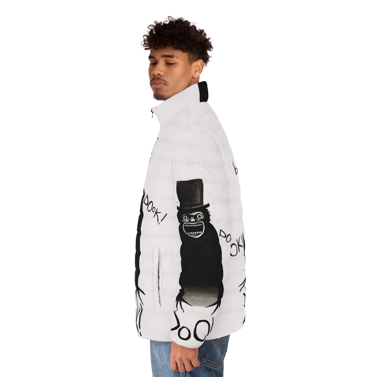 Babadook puffer jacket, horror-inspired puffer jacket with Babadook design - men side left