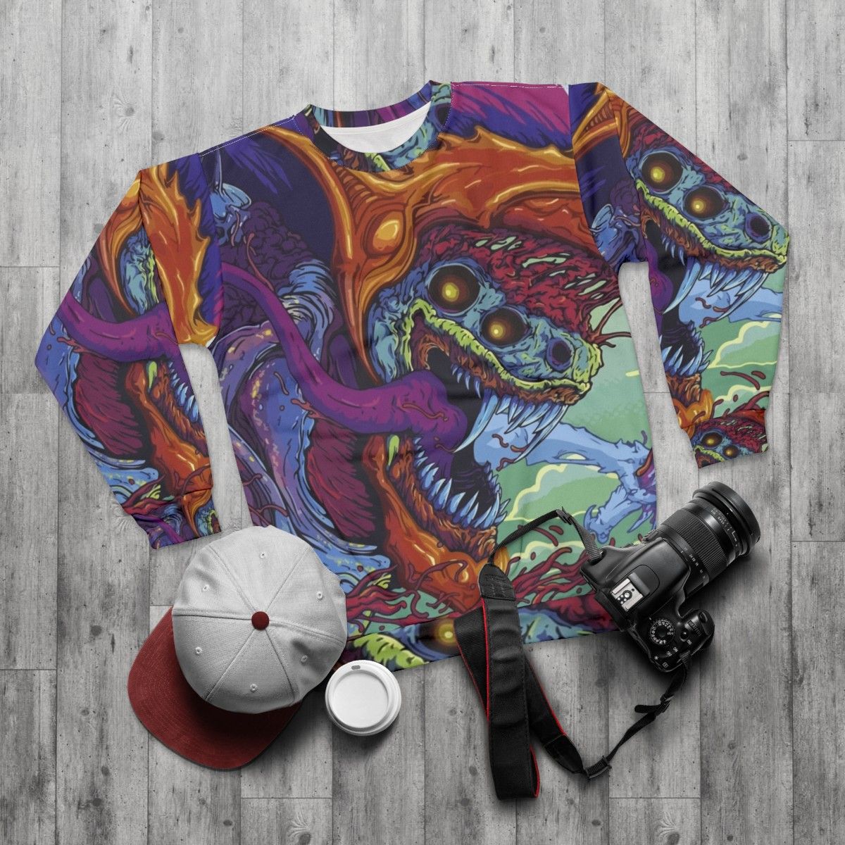 Hyper Beast CS:GO Sweatshirt featuring a vibrant, colorful design - flat lay