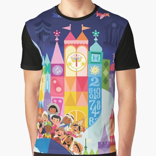 A vibrant and whimsical graphic t-shirt featuring a small world fantasyland with boats, cities, and a childish world filled with vector art, anime, and children's illustration.