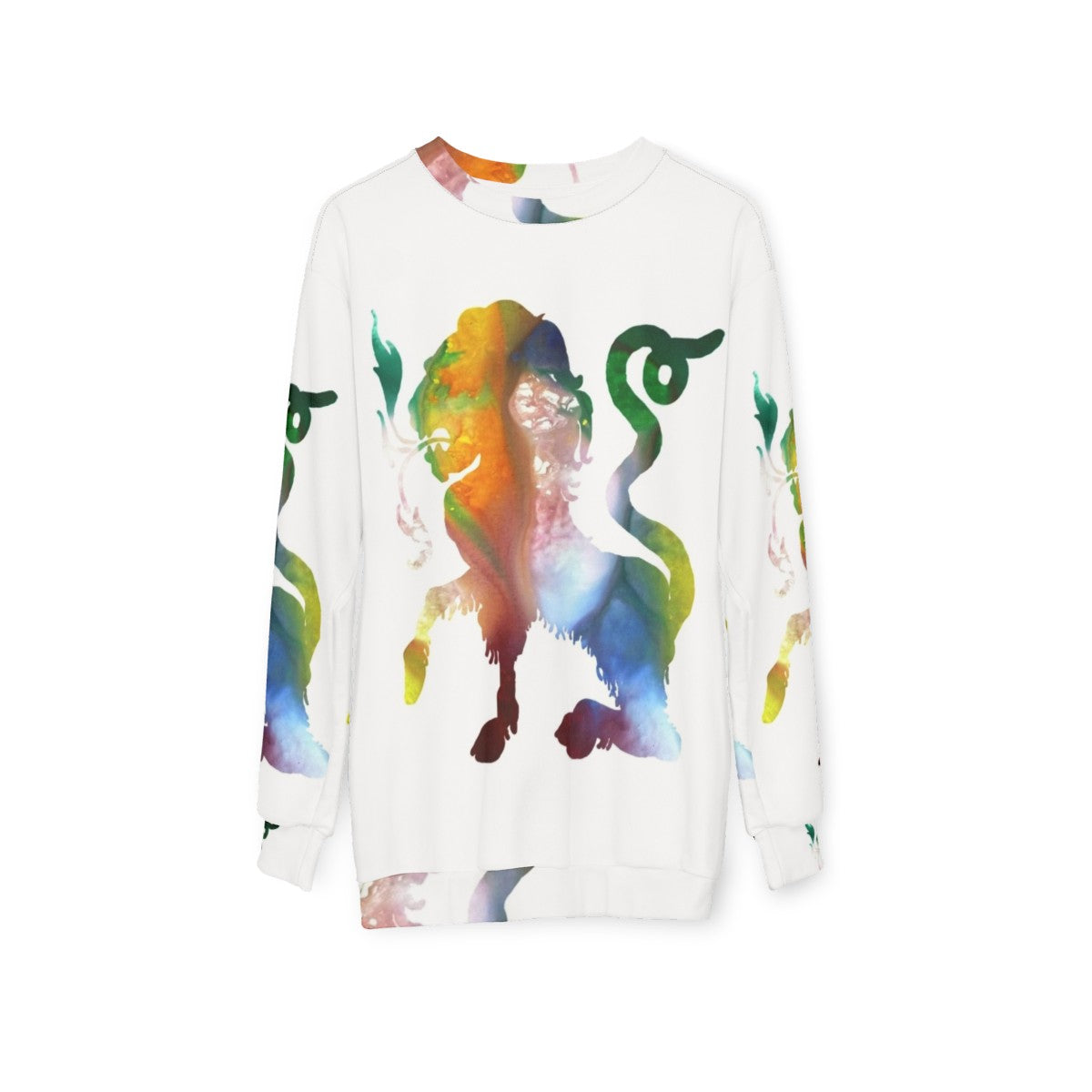 Watercolor illustration of a colorful chimera, a mythical Greek creature, on a sweatshirt - hanging