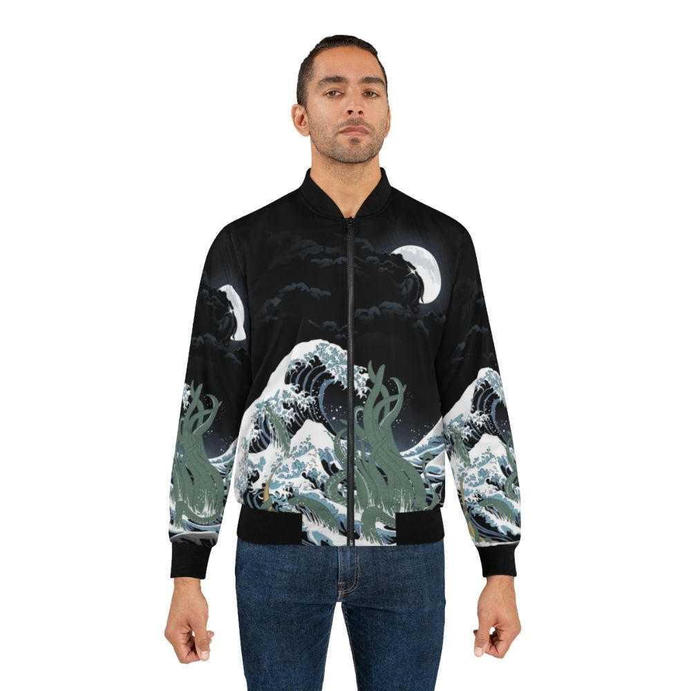 Bomber jacket featuring a Cthulhu-inspired design with a Japanese wave pattern. - Lifestyle