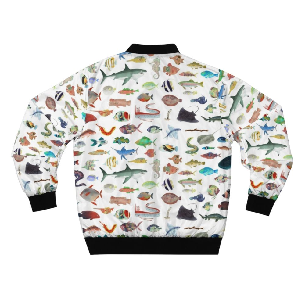 Bomber jacket featuring vibrant ocean life and marine animals like sharks - Back