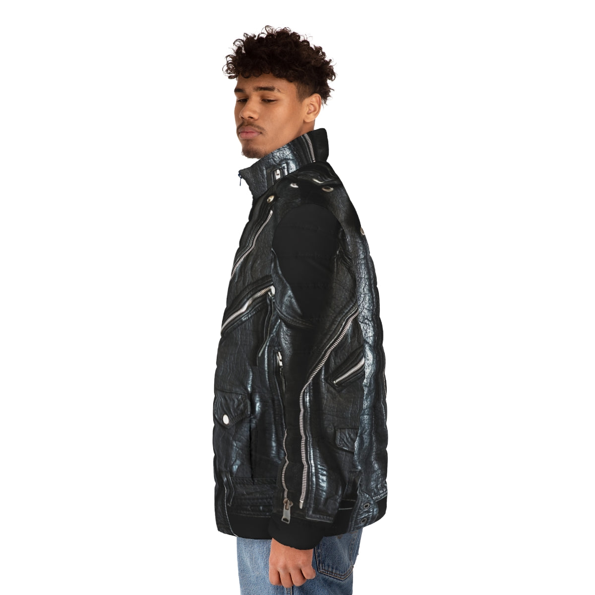 Black leather puffer jacket with biker and motorcycle design - men side left