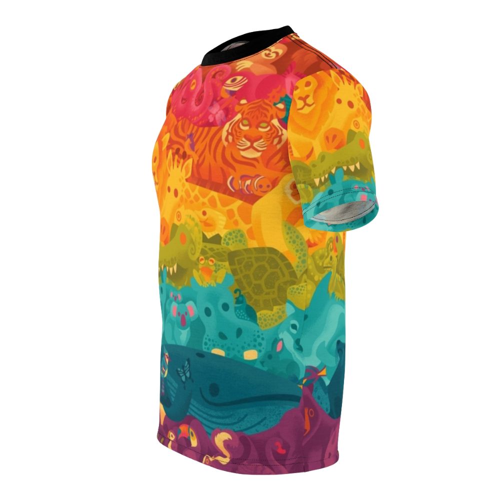 Vibrant all-over animal print design t-shirt featuring a spectrum of cute cartoon wildlife characters. - men left