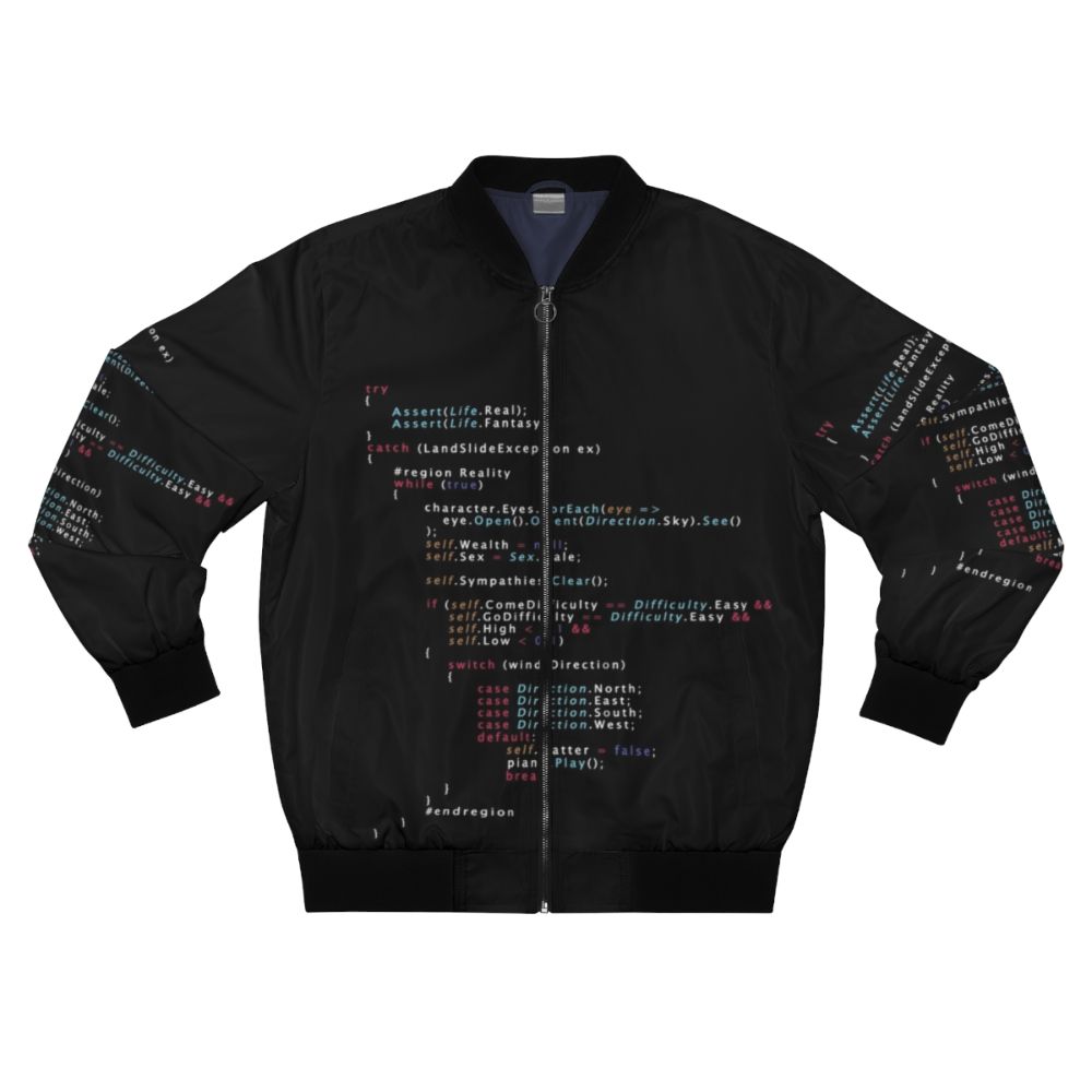 Programming bomber jacket with code-inspired color design and "Is This The Real Life?" text.