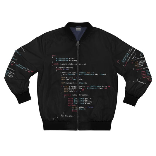 Programming bomber jacket with code-inspired color design and "Is This The Real Life?" text.