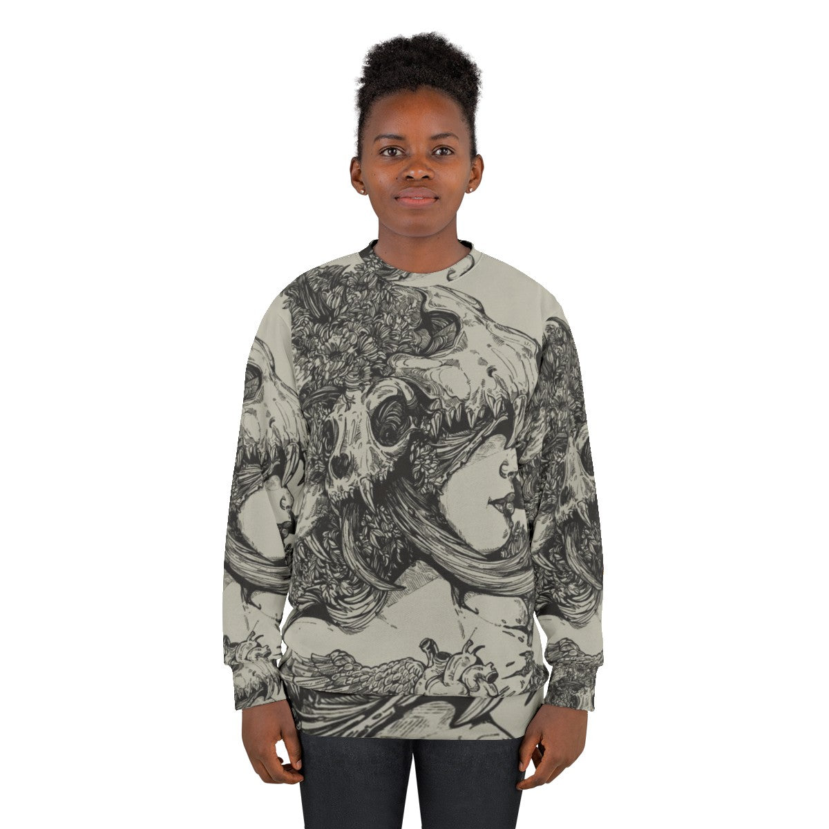 Edgy Girl Sweatshirt featuring an ink skull and wolf antlers design - women