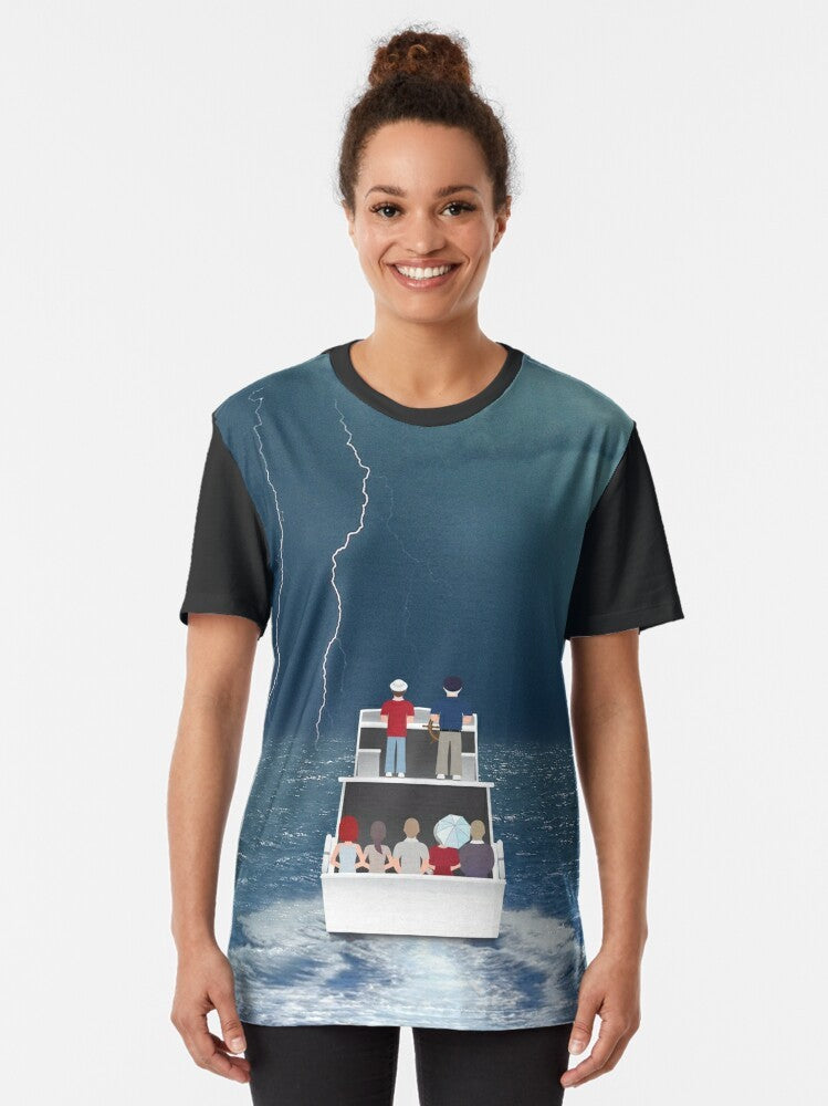 Graphic t-shirt featuring the iconic Gilligan's Island crew and their shipwrecked cruise on the SS Minnow - Women