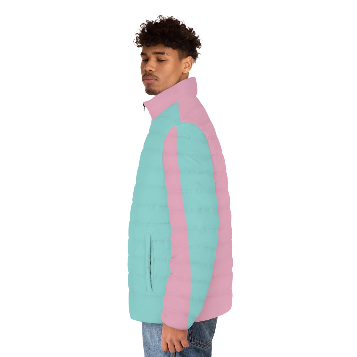 Half pink and blue colorblock puffer jacket - men side left