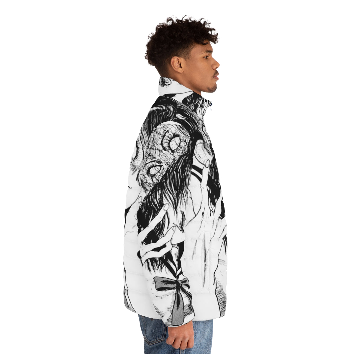 Monochrome puffer jacket with Junji Ito inspired horror manga design - men side right