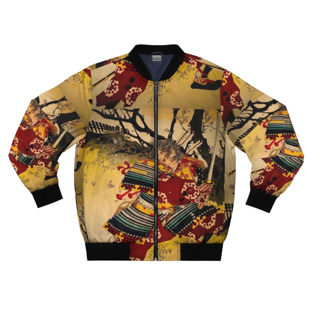 Model wearing a bomber jacket with a samurai warrior and ukiyo-inspired design