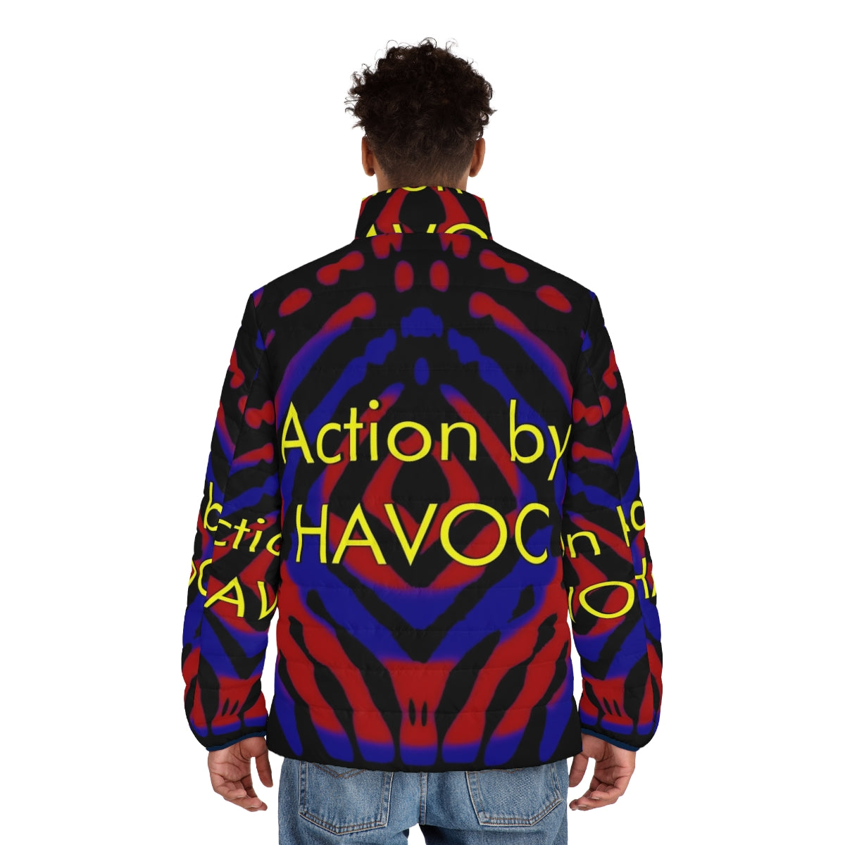 Retro sci-fi action puffer jacket with Havoc design - men back