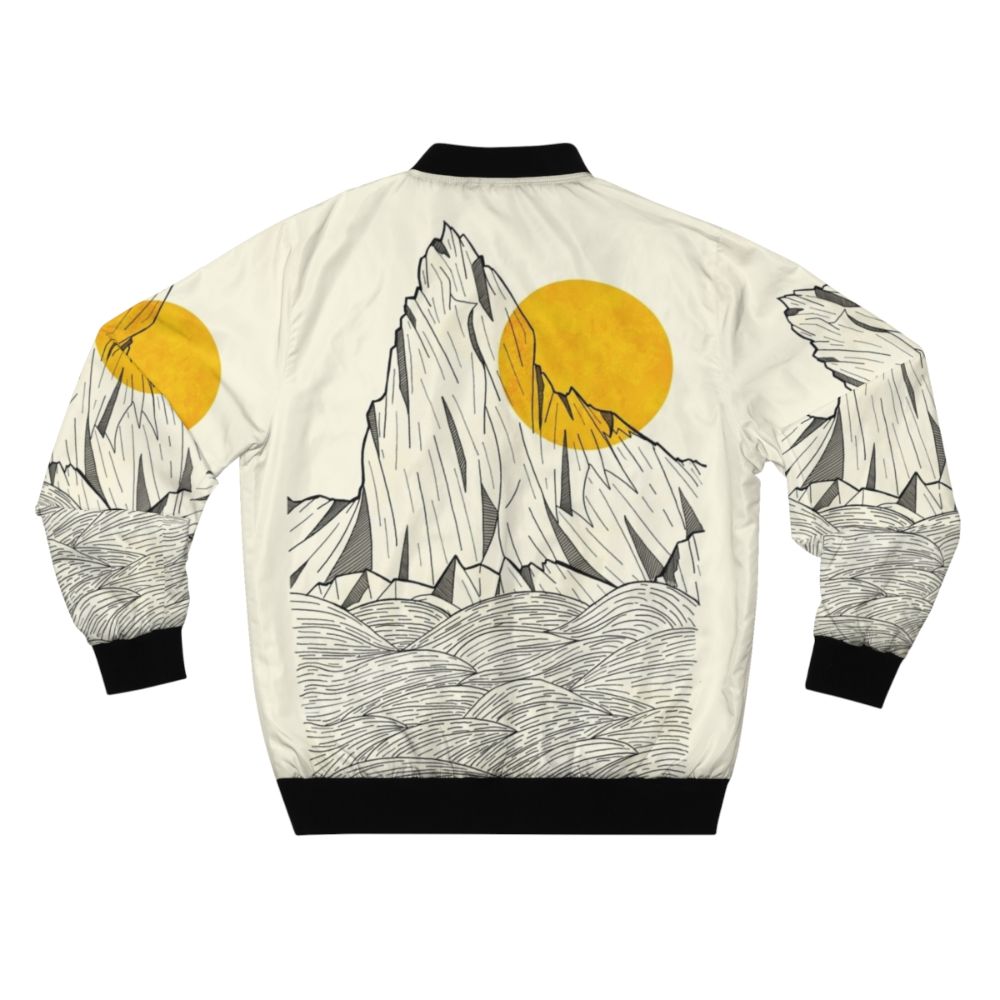 A stylish bomber jacket featuring an abstract design inspired by sea cliffs, mountains, and the natural world. - Back